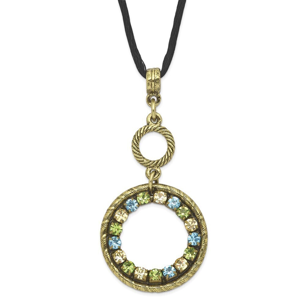 Brass-tone Blue Green Colorado Crystal Circle Adj. 16" Satin Cord Necklace